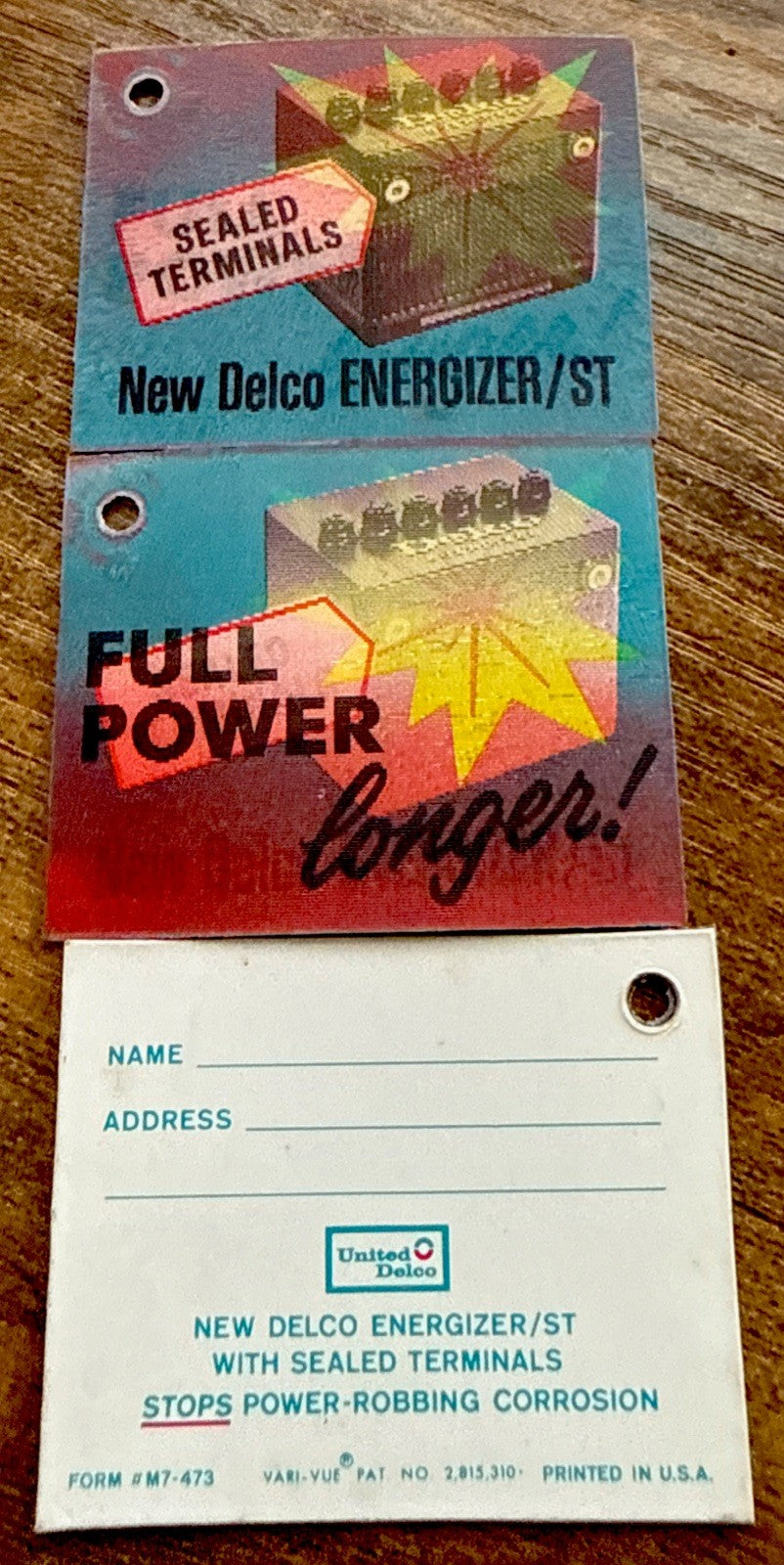 1960s Vari-Vue Delco Energizer lenticular flicker ID tags