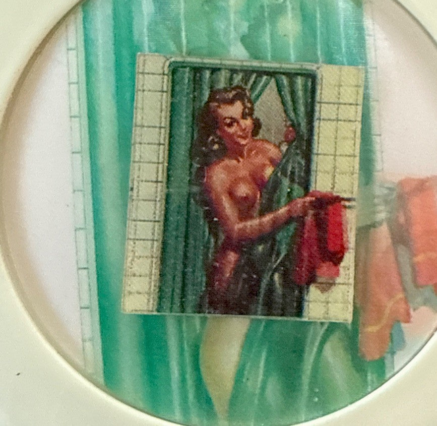 1960s Vari-Vue risque woman in shower scene badge pins - photo 2