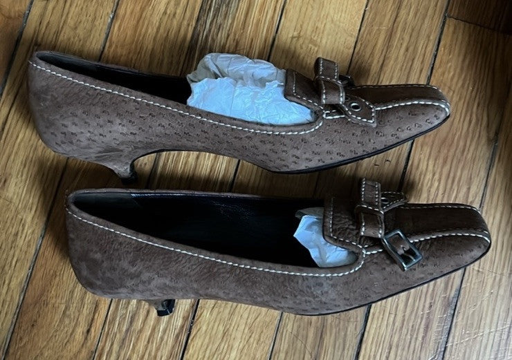 PRADA BROWN SUEDE KITTEN HEELS BUCKLE BOW CONTRAST STITCH VERO CUDIO SZ 36 - photo 7
