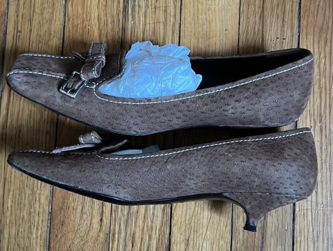 PRADA BROWN SUEDE KITTEN HEELS BUCKLE BOW CONTRAST STITCH VERO CUDIO SZ 36 - photo 5